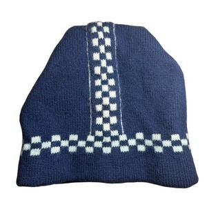 Cherokee Beanie Mens OS Navy Blue Wool Vintage Checkered Knit Hat Winter Cap